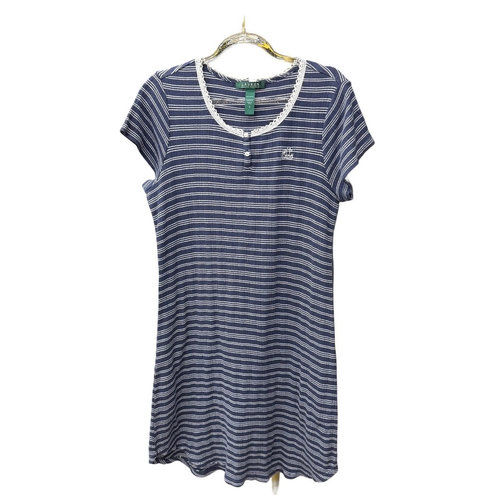 Ralph Lauren Striped Cotton Sleep Shirt Navy Small Henley Comfy Soft Lounge